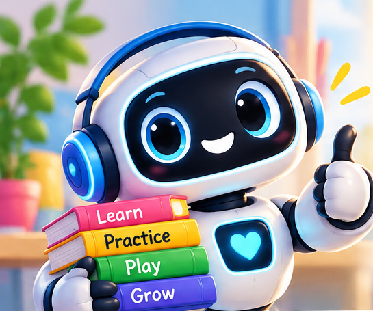Friendly smiling English Buddy robot holding colorful learning books